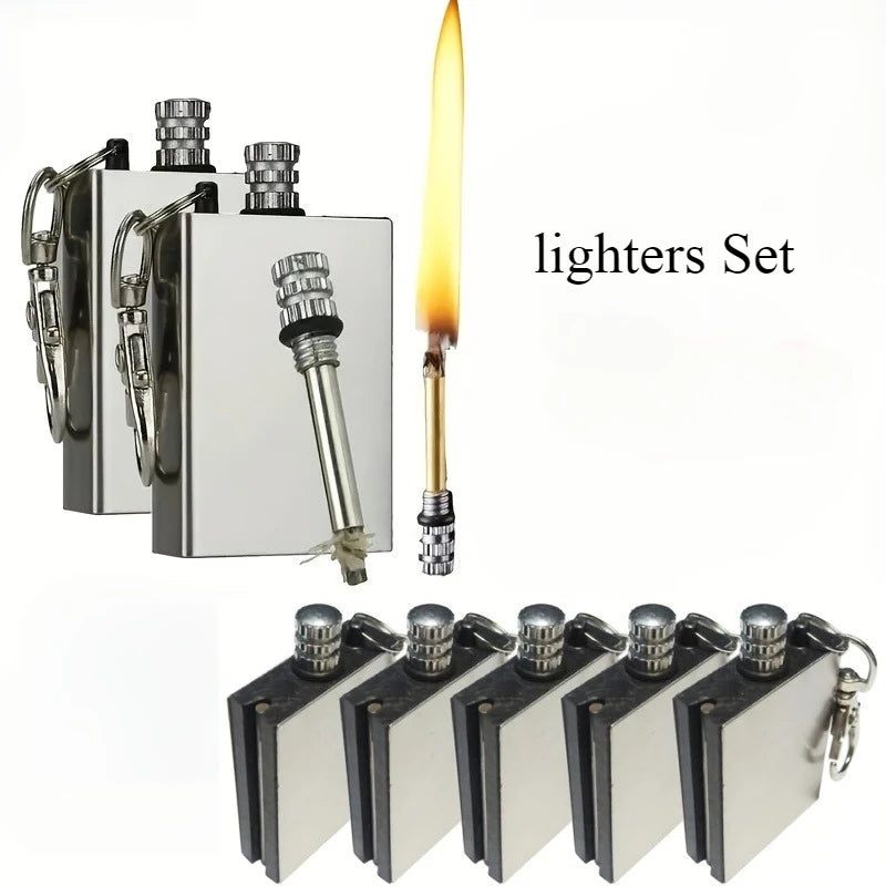 New Set Outdoor Survival Metal Match Coal Oil Lighters Waterproof Keychain, Portable Camping Emergency Igniter