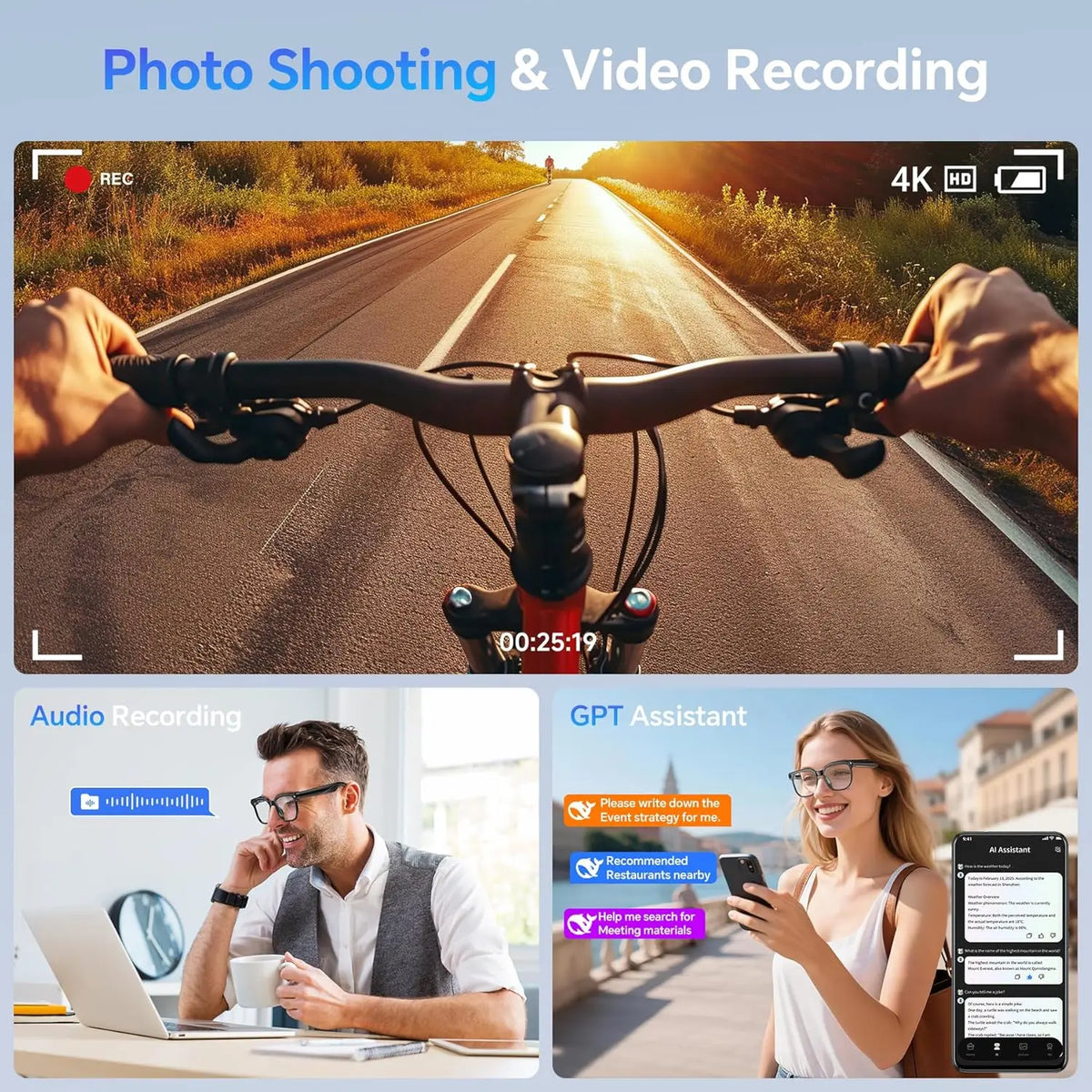 Smart AI Glasses 1080P HD Video Record Camera ChatGPT Bluetooth
